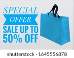 Special Offer Sale Banner UP TO 50% OFF with Shopping bag on white background. Trendy Very Peri color of the year 2022