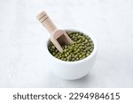 Green mung beans served on small bowl. Food ingredient
