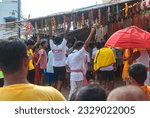 Small photo of Mahesh, 06-28-2023: devotees and priests chanting in the name of God and raising hands as they prepare to take idol of Lord Jagannath from Gundicha Bari temple to the chariot.