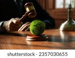Small photo of Hand of judge is hitting on earth with wooden gavel, Environmental law and international agreement about protocol for framework convention on climate change, world and environment sustainable concept.