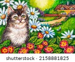 Funny Cat. Garden Flowers....