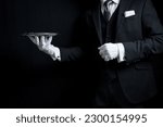 Small photo of Portrait of Elegant Butler or Concierge in Dark Suit and White Gloves Holding Silver Serving Tray.
