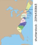 Map of the first 13 colonies formed in the Americas
