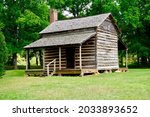 Robert Scruggs House at Cowpens National Battlefield in South Carolina. The log cabin was built about 50 years after the Battle of Cowpens. It stands as a typical backcountry homestead of the time.