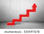 Small photo of Huge red kinked arrow pointing up on grey concrete background. Business profit. Business strategy. Positive trend.