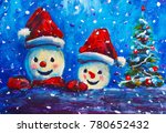 2 merry snowman in red caps... | Shutterstock . vector #780652432