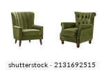 Small photo of Two classic quilted armchairs art deco style in khaki green velvet with wooden legs isolated on white background with clipping path. Series of furniture