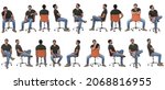 Small photo of large group of the same man sitting on a chair in various poses on white background