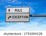Small photo of Rule versus exception. White two street signs with arrow on metal pole. Directional road. Crossroads Road Sign, Two Arrow. Blue sky background.