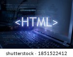 HTML inscription against laptop and code background. Learn html programming language, computer courses, training. 