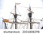 Small photo of Parts of a 16th century Spanish sailing ship: standard, foremast, headsail, topsail, shroud, spar, mainsail, foresail, mizzen