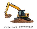 Small photo of Wheeled excavator isolated on white background. Quarry excavator digs the ground close-up. Modern building equipment for earthworks. element for design