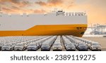 Small photo of Close up vehicle carrier vessel loading car for shipping to worldwide, Large RoRo (Roll on off) vehicle car carrier, New car lined up in the port for import export around the world.