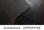 Small photo of close up view showing multi surface of melamine samples contains wooden, stone, leather, matt, peel, peal textures in black color for selection. furniture particle board structure samples.