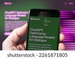Small photo of Screen of a smartphone with ChatGPT chat, AI tool, artificial intelligence. Man using ChatGPT the AI chatbot by OpenAI. ChatGPT website. Milan, Italy - 14th February 2023