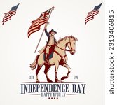 Independence Day, Happy 4th July logo illustration, General Washington riding horse and holding the American flag.