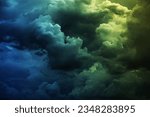 Black dark blue green teal cyan yellow sky. Color gradient. Heavy storm clouds. Light glow lightning. Dramatic skies background. Night evening.Cloudy rain wind.Scary spooky ominous.Epic fantasy mystic
