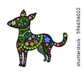 Black silhouette of dog with with ethnic pattern and naive style colorful flowers. Perfect card or any kind of design - stock vector