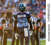 Small photo of Toronto, Canada - Aug 1, 2019: Toronto Argonauts Defensive Back Matt Boateng (28) after the play during Winnipeg Blue Bombers at Toronto Argonauts game at BMO Field in Toronto, ON