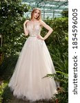 Small photo of Beautiful woman bride in long white wedding dress espousal fashion marriage celebration big day in green park garden backyard fiancee summer nature beautiful face blond hair makeup lady wife love.