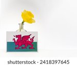 Small photo of St Davids Day Dewi Sant Patron Saint of Wales Welsh flag and daffodil isolated on a white background