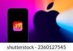Small photo of photography of iPhone with the Logo of IOS 17, the new iPhone operating system. Tuesday, September 12, California, United States.