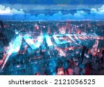 Manipulated city with digital network line for connect metaverse era concept. Pixel sky cloud like a game. Cyberpunk futuristic theme color.