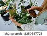 Small photo of A beautiful girl takes care of plants by spraying them with water. Florist works and sprays aquatic plants. Happy and smiling florist watering plants