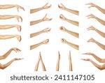 Hands measuring invisible items gesture. Multiple images set of female caucasian hand with french manicure Hands measuring something isolated over white background