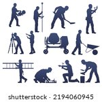 Set Of Silhouettes Of Working...
