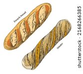 two crispy fresh baguettes on a ... | Shutterstock .eps vector #2168266385