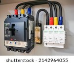 Small photo of Sabah,Malaysia,April 5 2022 : Photo of Surge Protection Devices with molded case circuit breaker in electrical cabinet.