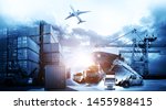 Small photo of Global business of Container Cargo freight train for Business logistics concept, Air cargo trucking, Rail transportation and maritime shipping, Online goods orders worldwide
