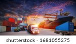 Small photo of Container truck in ship port for business Logistics and transportation of Container Cargo ship and Cargo plane with working crane bridge in shipyard, logistic import export and transport concept