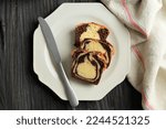 Top View Slice Marble Marmer Cake Chocolate Vanilla on Ceramic Plate