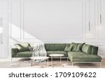 Stylish living room interior of modern apartment and trendy furniture, plants and elegant accessories. Home decor. Template, 3D render, 3D illustration