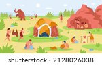 Primitive people life scene, stone age characters lifestyle. Prehistoric men hunting mammoth, caveman cooking food vector illustration. Primitive prehistoric caveman and tribe
