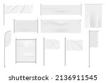 Realistic white textile banners, blank waving flags on flagpoles. Hanging flags, pennant banner, fabric signboard for advertising vector set. Empty template for promotion or announcement