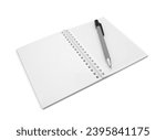 Small photo of Open spiral bound notepad or notebook with square and blank sheets and pen on top, isolated on white background side view