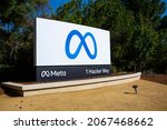 Small photo of Menlo Park, CA, USA - October 29, 2021: META sign next to the Headquarters Corporate office building. Meta is a social networking service company,builds social technology metaverse. New Facebook name