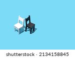 
Two chairs, black and white concept on a pastel blue background. Contrast, opposites, disagreement. 