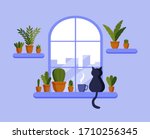 Vector Flat Window  Cat Sitting ...