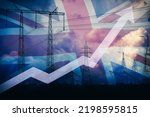 Rising up arrow against UK flag and power line silhouette and stormy sky. Electricity price growth. Energy crisis in UK. Growing electricity consumption. Power generation shortage. Huge power cost