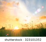 Happy new day concept: Stunning yellow meadow autumn sunrise with bokeh beautiful gold light background