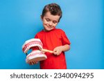 Small photo of A smiling boy with healthy teeth holds a large jaw and a toothbrush in his hands on a blue isolated background. Oral hygiene. Pediatric dentistry. Rules for brushing teeth.