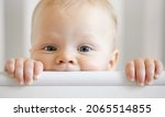 Small photo of Funny baby face. Little cute newborn baby boy with first milk or temporary teeth gnaws wooden crib. Adorable baby smiling in a crib in the childroom