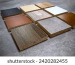 Small photo of Samples of finishing materials for the manufacture of furniture. Fiberboard of medium density chipboard.