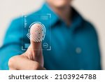 Small photo of business man Fingerprint scanning and biometric authentication, cybersecurity and fingerprint password, future technology and cybernetics.