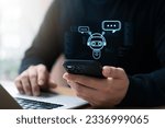 Small photo of power of AI enhance your business communication. businessman using Smartphone to connect with AI chatbot, providing intelligent answers to complex questions. Embrace the future of problem solving.