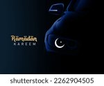 Small photo of Car Ramadan Concept Background. Automobile businesses Ramadan concept greetings card illustration or social media content. Eid moon on car headlight